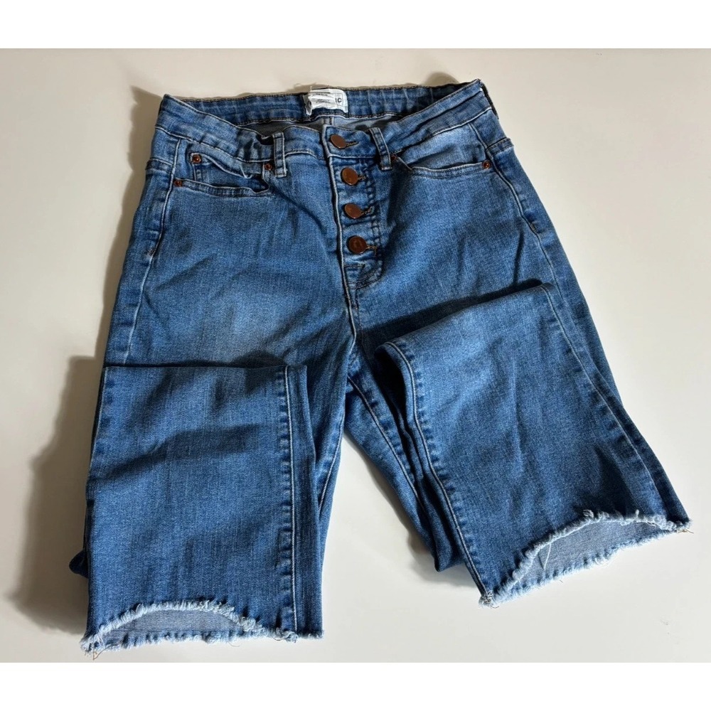 For The Republic Straight Jeans Womens 4 Blue Denim High Rise Raw Hem Button Fly - Picture 4 of 9